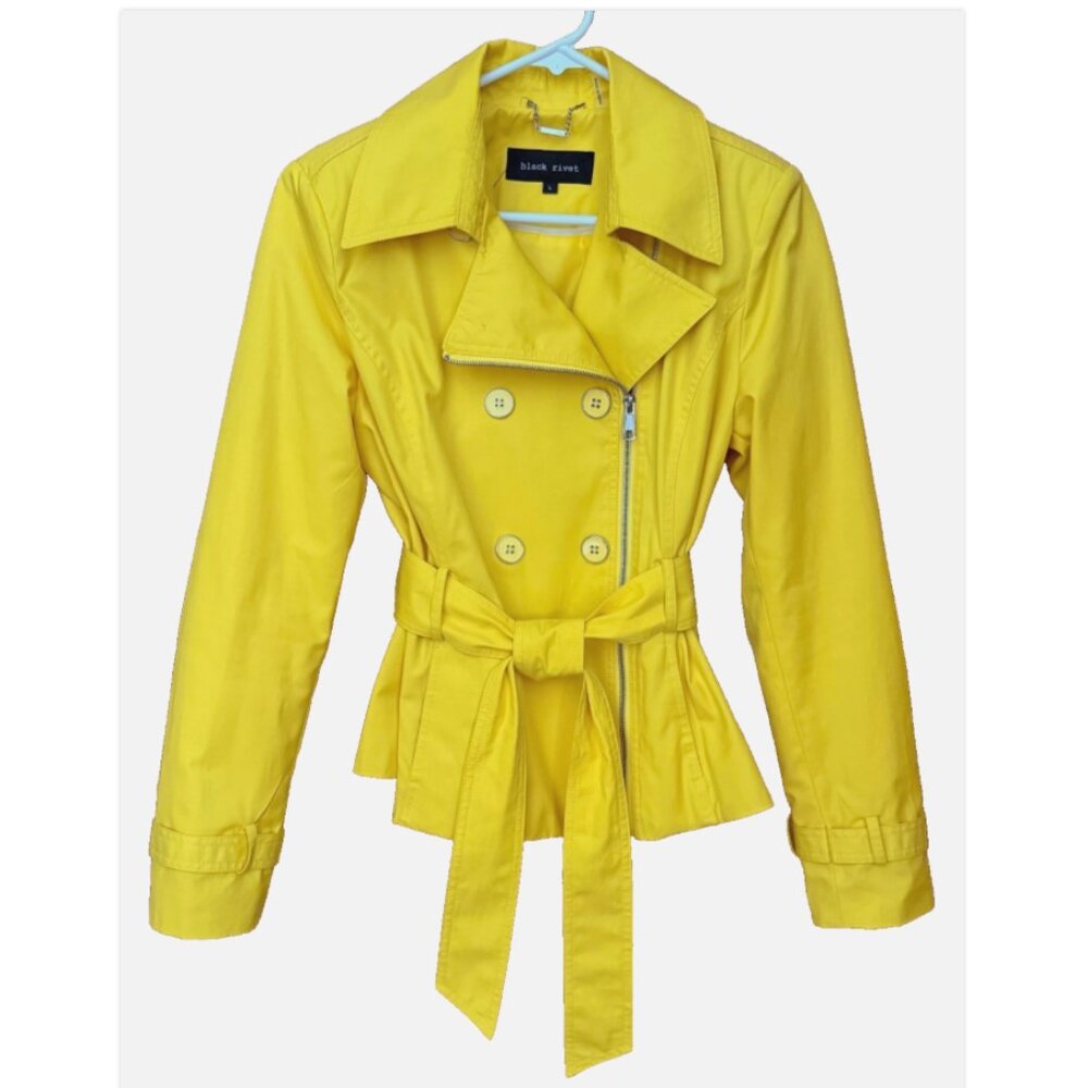Black Rivet Womens Large Yellow Trench Coat Moto Style Jacket Lined Belted EUC